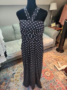 JFW Black Polka Dot Maxi Dress with Cross-Strap XL So Cute!